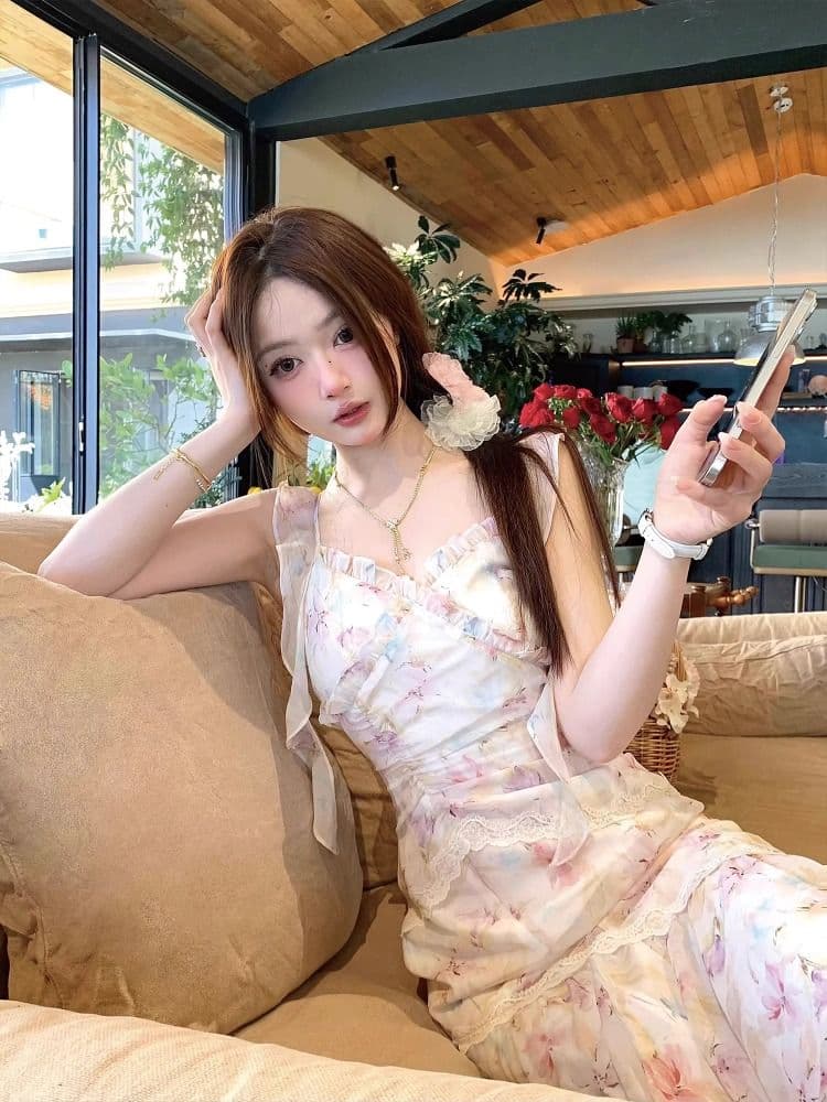 q 여자 집 游园 앨리스 아름다운 요정 가스 유화 드레스 불규칙 인어 꼬리 꽃무늬 슬립 롱 스커트 여름 상세 이미지 26