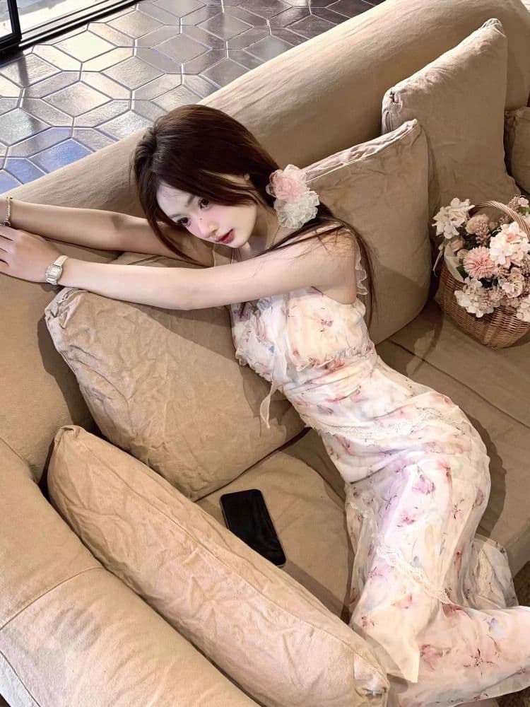 q 여자 집 游园 앨리스 아름다운 요정 가스 유화 드레스 불규칙 인어 꼬리 꽃무늬 슬립 롱 스커트 여름 상세 이미지 27