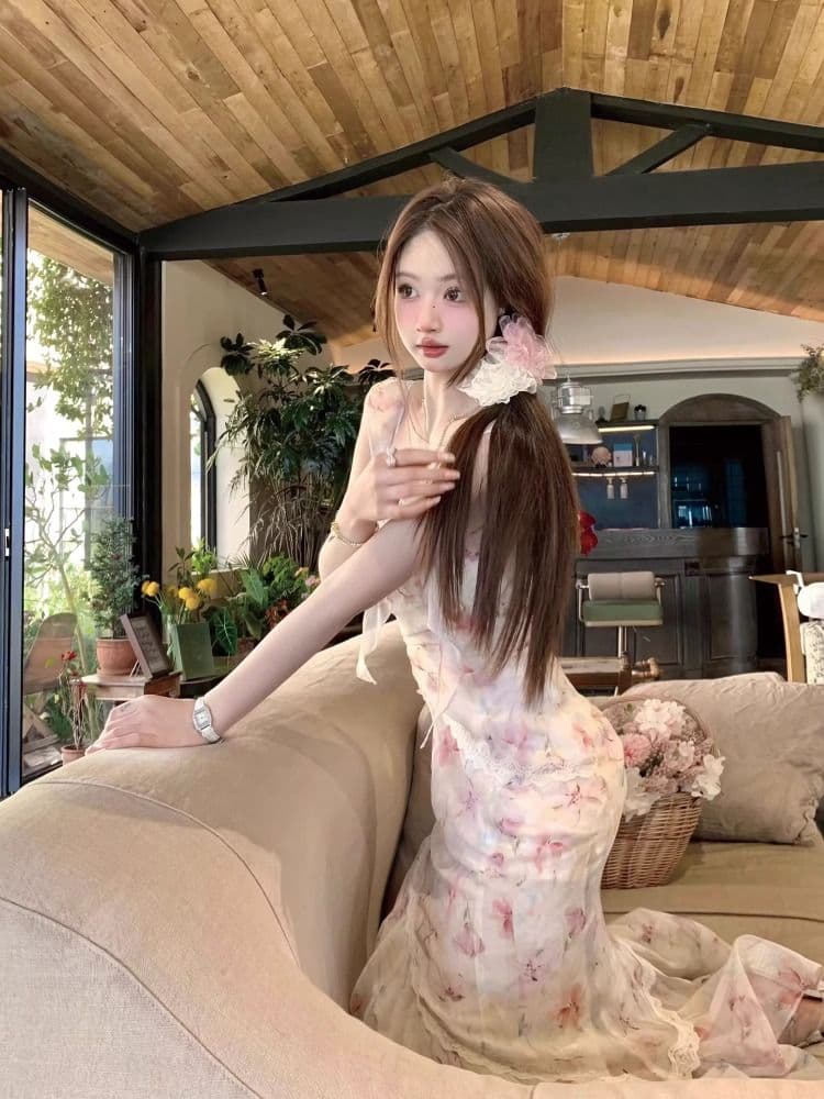 q 여자 집 游园 앨리스 아름다운 요정 가스 유화 드레스 불규칙 인어 꼬리 꽃무늬 슬립 롱 스커트 여름 상세 이미지 28