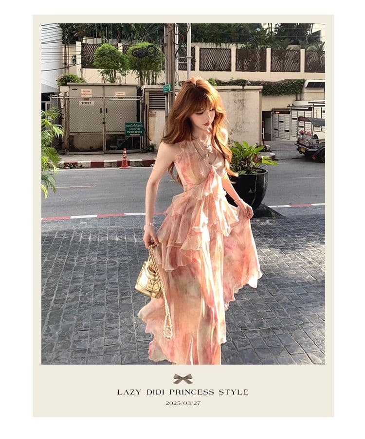 lazy didi 사랑의 신 편지 뗏목 낭만주의 휴가 허리 수축 드레스 프랑스식 불규칙 허리 수축 꽃무늬 슬립 드레스 상세 이미지 1