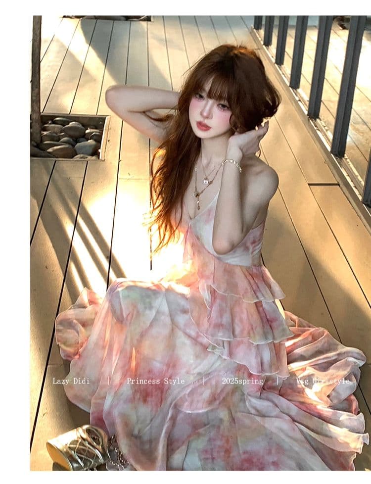 lazy didi 사랑의 신 편지 뗏목 낭만주의 휴가 허리 수축 드레스 프랑스식 불규칙 허리 수축 꽃무늬 슬립 드레스 상세 이미지 9
