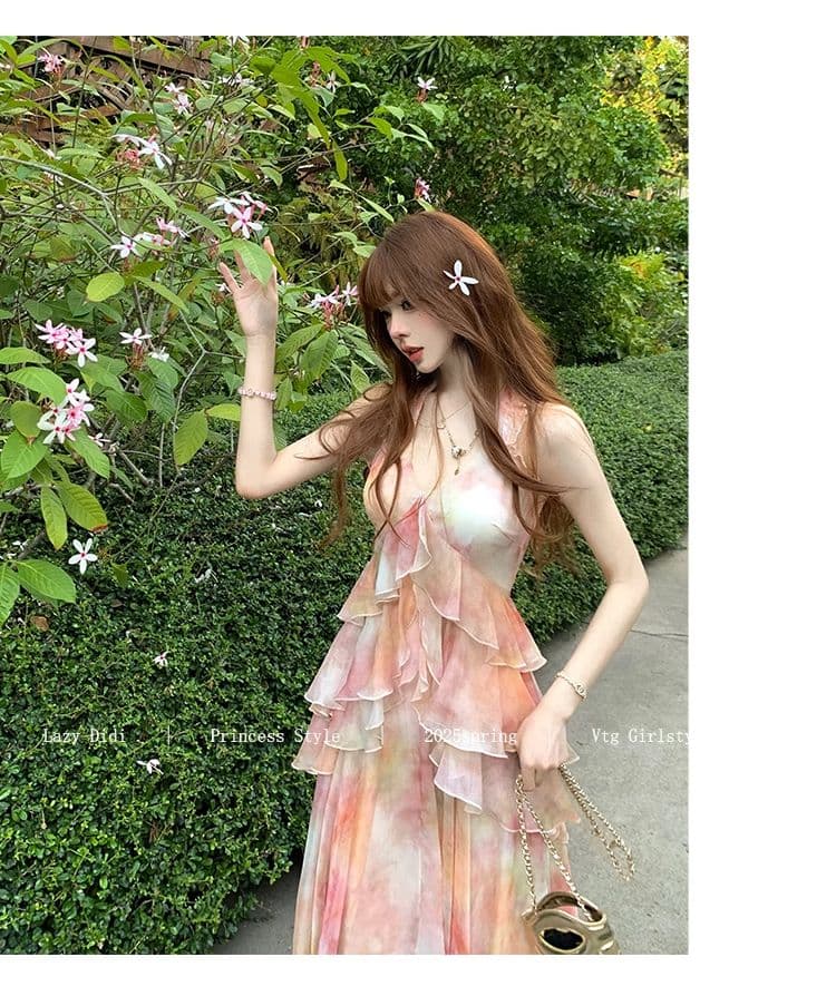 lazy didi 사랑의 신 편지 뗏목 낭만주의 휴가 허리 수축 드레스 프랑스식 불규칙 허리 수축 꽃무늬 슬립 드레스 상세 이미지 19
