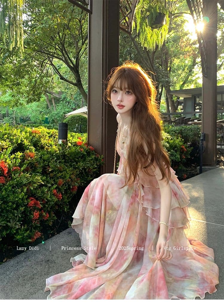 lazy didi 사랑의 신 편지 뗏목 낭만주의 휴가 허리 수축 드레스 프랑스식 불규칙 허리 수축 꽃무늬 슬립 드레스 상세 이미지 22