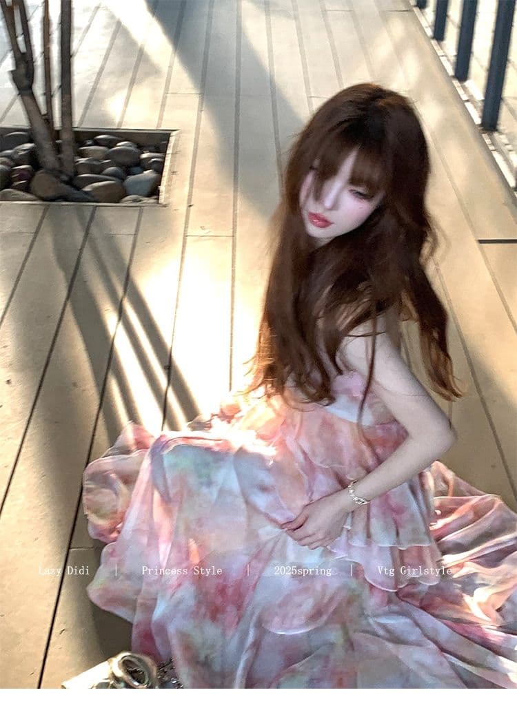 lazy didi 사랑의 신 편지 뗏목 낭만주의 휴가 허리 수축 드레스 프랑스식 불규칙 허리 수축 꽃무늬 슬립 드레스 상세 이미지 29