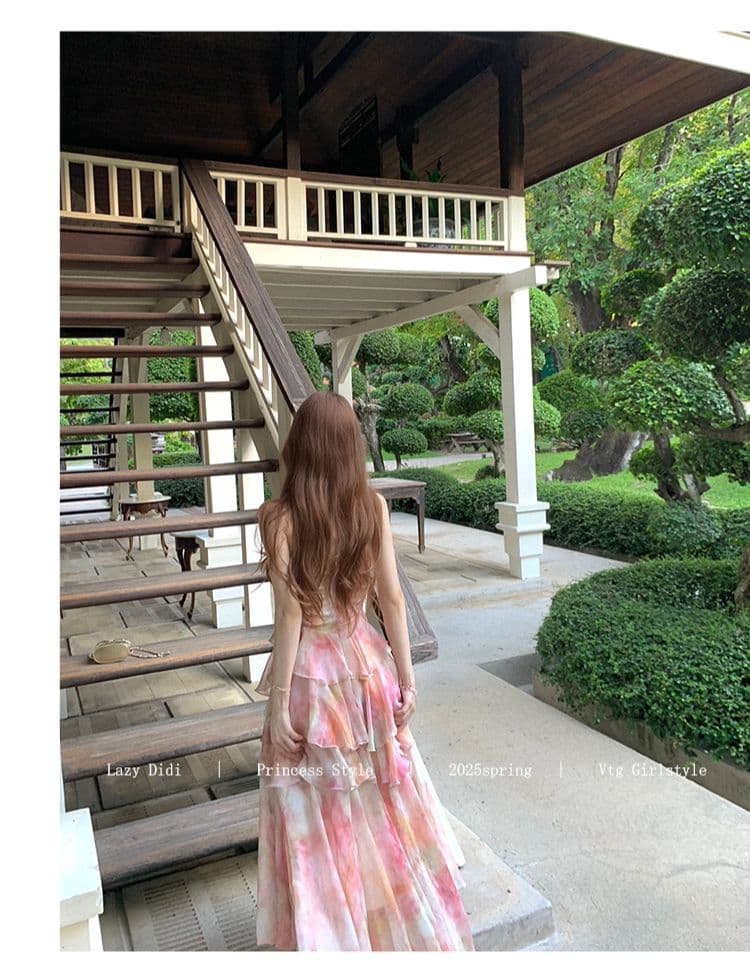 lazy didi 사랑의 신 편지 뗏목 낭만주의 휴가 허리 수축 드레스 프랑스식 불규칙 허리 수축 꽃무늬 슬립 드레스 상세 이미지 31