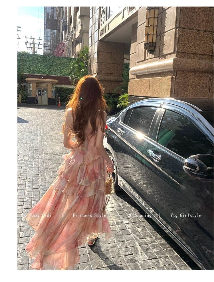 lazy didi 사랑의 신 편지 뗏목 낭만주의 휴가 허리 수축 드레스 프랑스식 불규칙 허리 수축 꽃무늬 슬립 드레스 상세 이미지 36