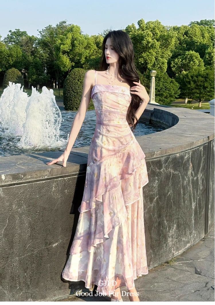 good job 아이리스 얼 보라색 프린트 프릴 슬립 드레스 프랑스식 해변가 휴가 예복 상세 이미지 19