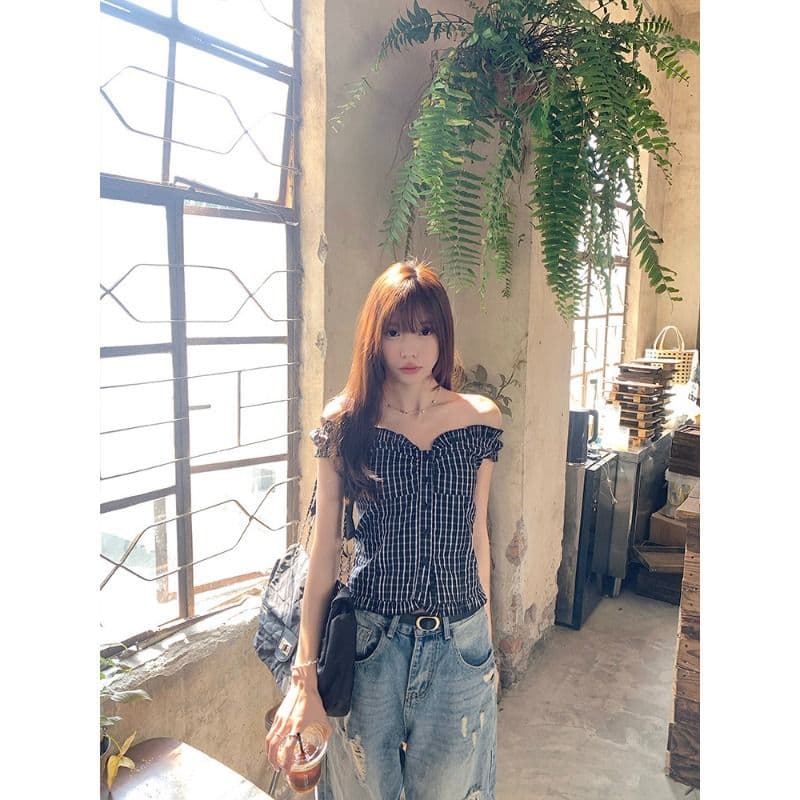 원본 품질 순면 셔틀 제직 그리드 체크무늬 둘 착용 오프숄더 셔츠 조끼 달콤한 핫걸 몸매 가꾸기 맨위 이미지 3