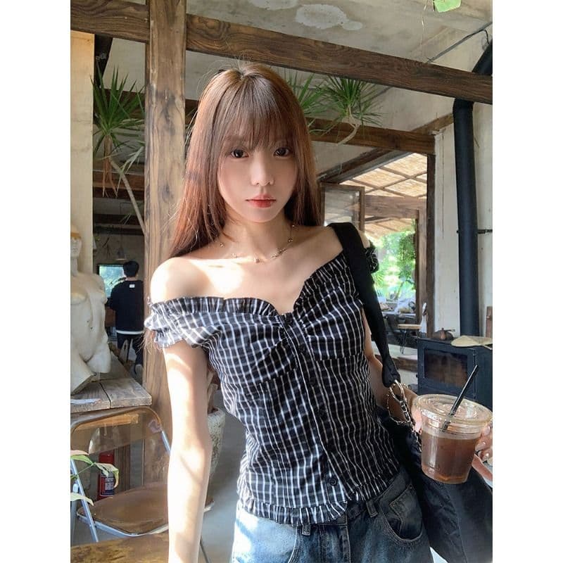 원본 품질 순면 셔틀 제직 그리드 체크무늬 둘 착용 오프숄더 셔츠 조끼 달콤한 핫걸 몸매 가꾸기 맨위
