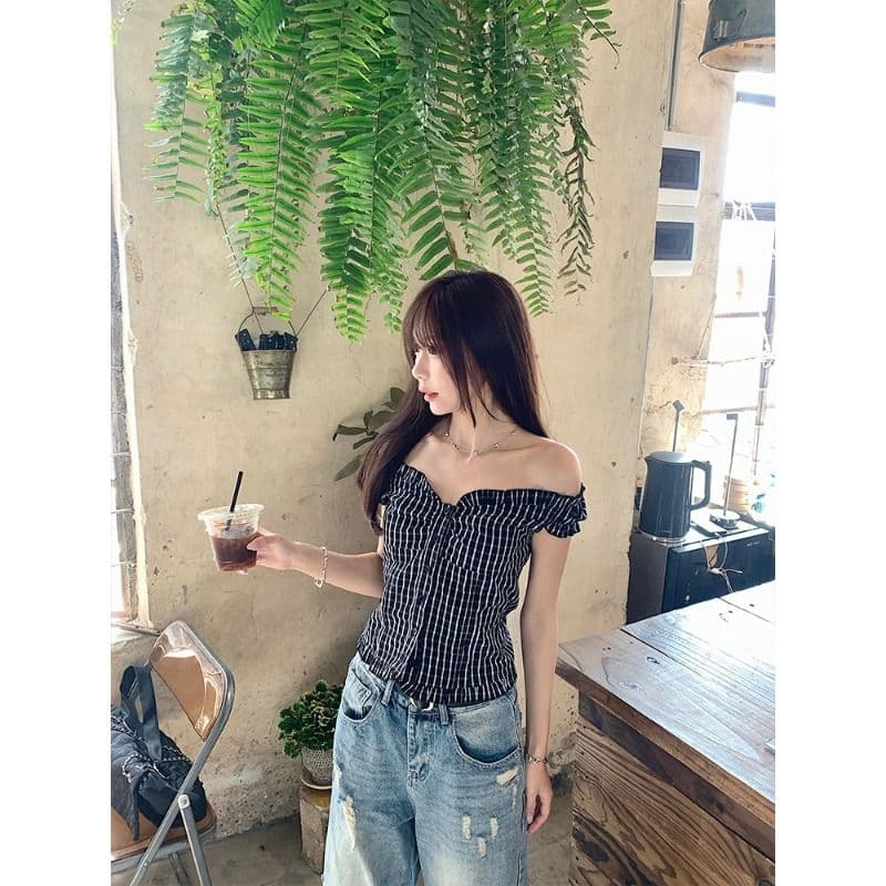 원본 품질 순면 셔틀 제직 그리드 체크무늬 둘 착용 오프숄더 셔츠 조끼 달콤한 핫걸 몸매 가꾸기 맨위 이미지 2