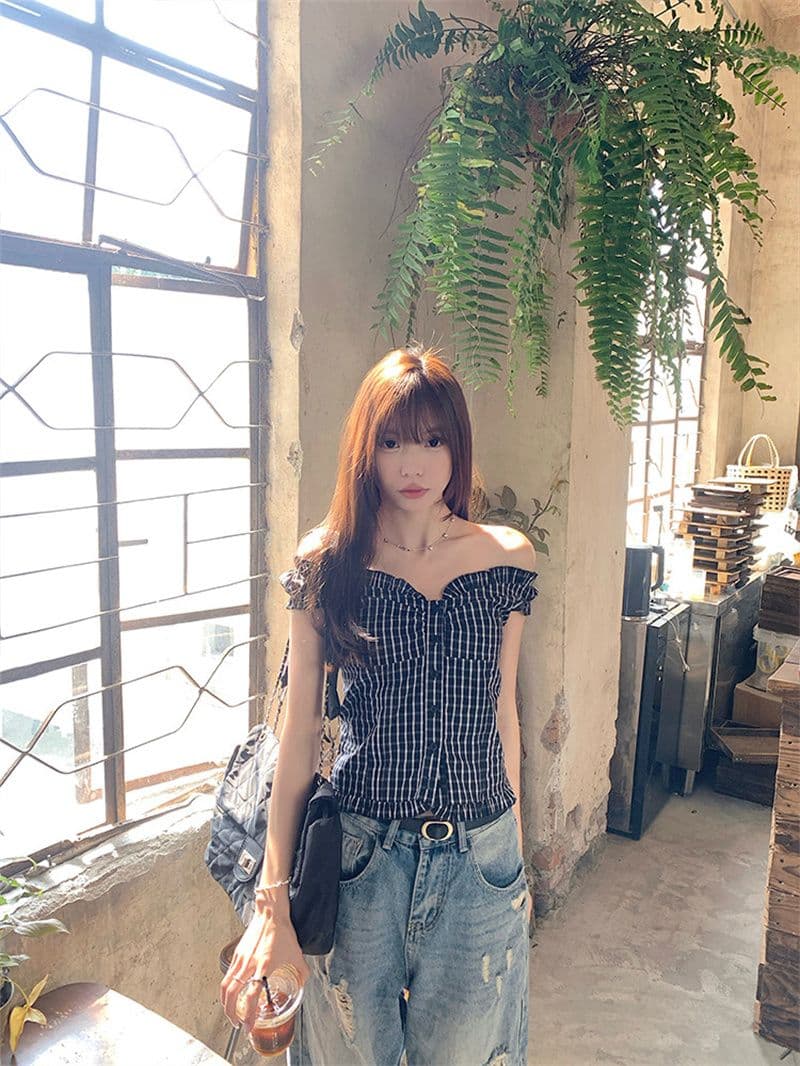 원본 품질 순면 셔틀 제직 그리드 체크무늬 둘 착용 오프숄더 셔츠 조끼 달콤한 핫걸 몸매 가꾸기 맨위 상세 이미지 3