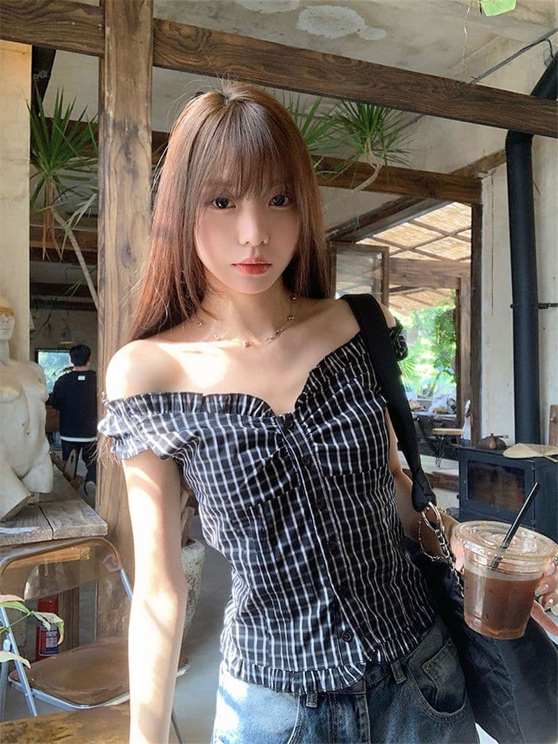 원본 품질 순면 셔틀 제직 그리드 체크무늬 둘 착용 오프숄더 셔츠 조끼 달콤한 핫걸 몸매 가꾸기 맨위 상세 이미지 4