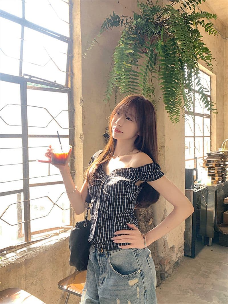 원본 품질 순면 셔틀 제직 그리드 체크무늬 둘 착용 오프숄더 셔츠 조끼 달콤한 핫걸 몸매 가꾸기 맨위 상세 이미지 5