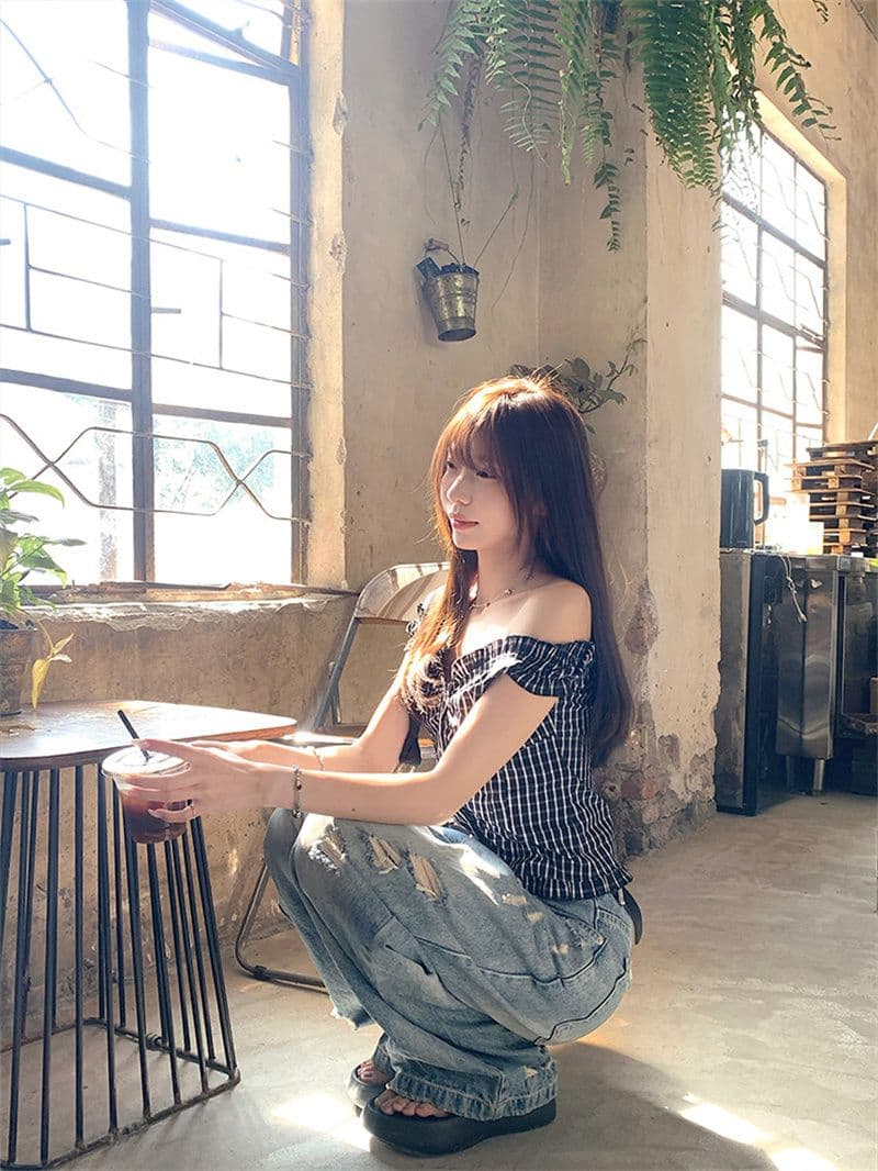 원본 품질 순면 셔틀 제직 그리드 체크무늬 둘 착용 오프숄더 셔츠 조끼 달콤한 핫걸 몸매 가꾸기 맨위 상세 이미지 6