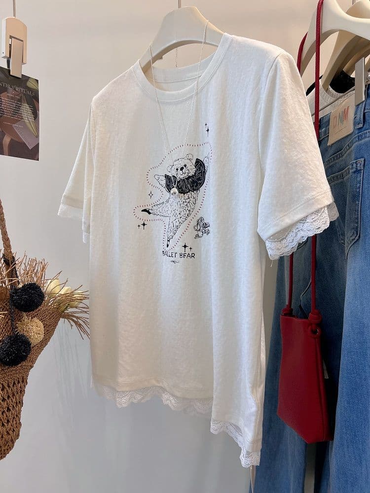 눈꽃 면 빅 사이즈 240 kg 춤추기 작은 곰 프린트 레이스 측면 만화 반팔 티셔츠 여성 루즈핏 상세 이미지 5