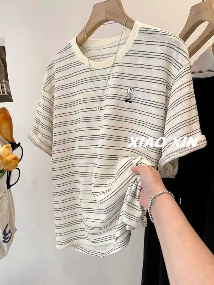 원본 원단 빅 사이즈 240 kg 한 부서 자수 토끼 라미 면 스트라이프 반팔 티셔츠 여성