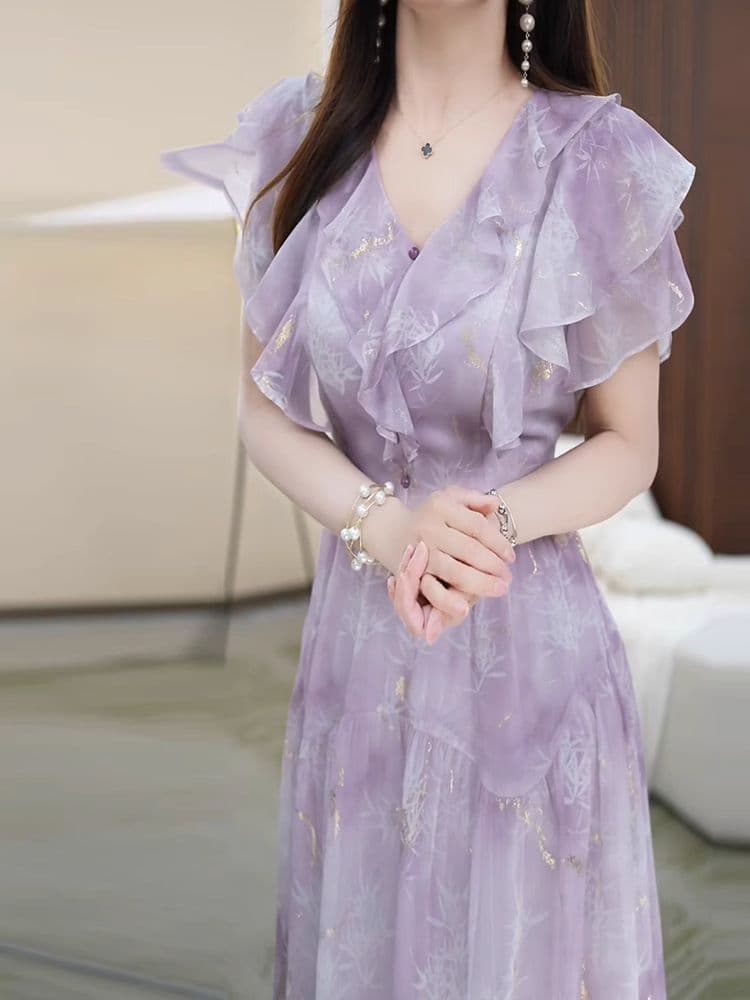 드레스 2025 새로운 여성 여름 폭발 빛 럭셔리 보라색 다림질 금박 공예 고급 센스 꽃무늬 쉬폰 치마 상세 이미지 2