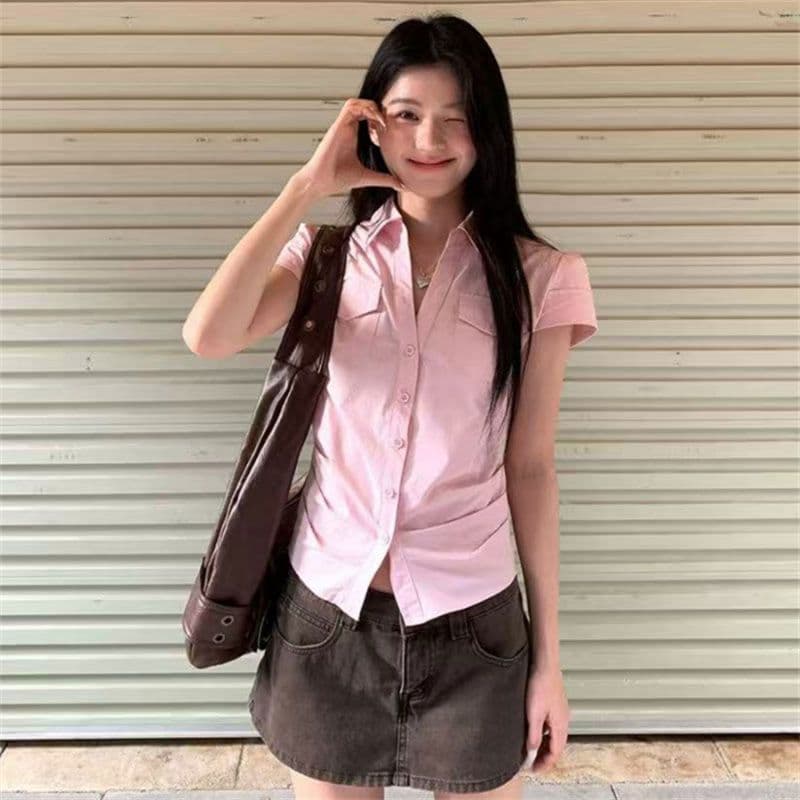 원본 순면 원단 여름 새로운 반팔 긍정적 인 어깨 격자 무늬 셔츠 작은 키 레트로 몸매 가꾸기 맨위 이미지 3