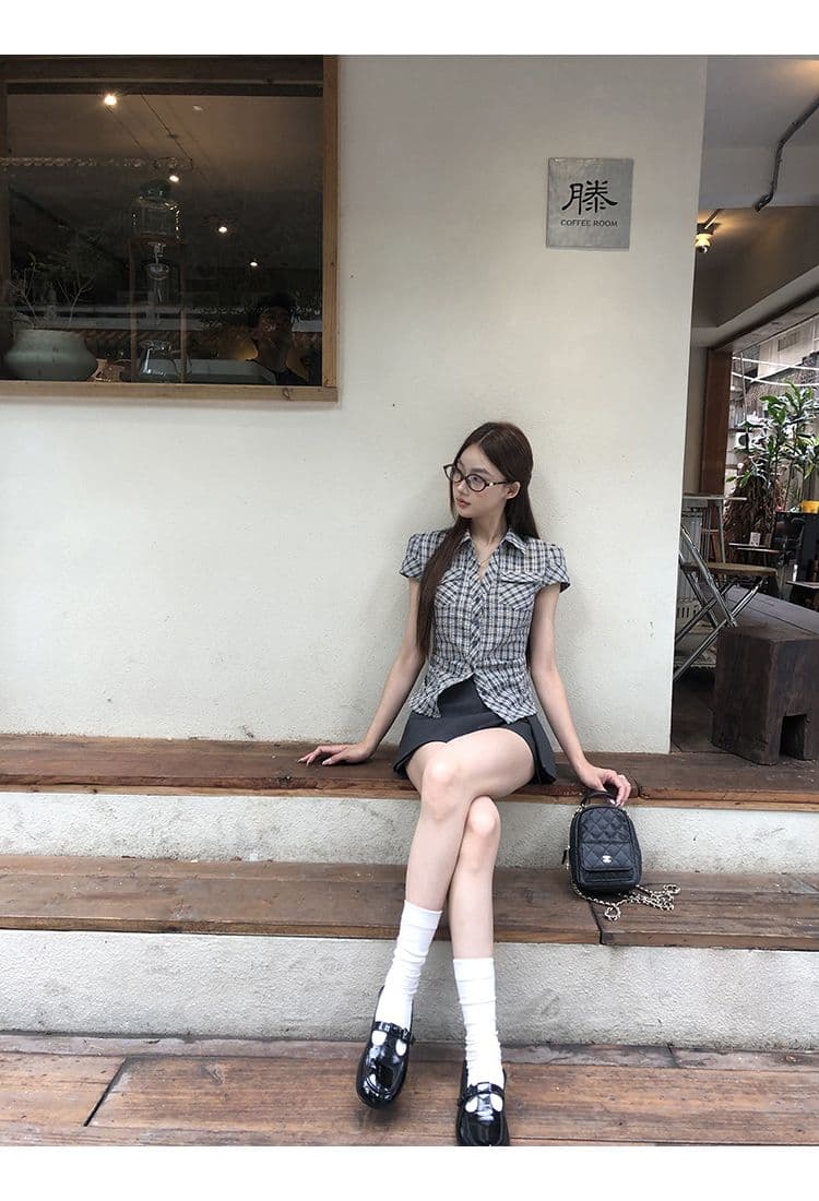 원본 순면 원단 여름 새로운 반팔 긍정적 인 어깨 격자 무늬 셔츠 작은 키 레트로 몸매 가꾸기 맨위 상세 이미지 5