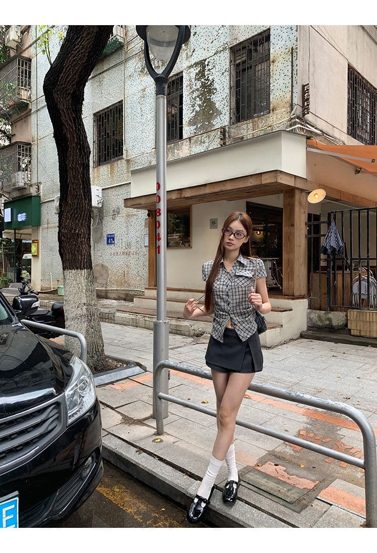 원본 순면 원단 여름 새로운 반팔 긍정적 인 어깨 격자 무늬 셔츠 작은 키 레트로 몸매 가꾸기 맨위 상세 이미지 15