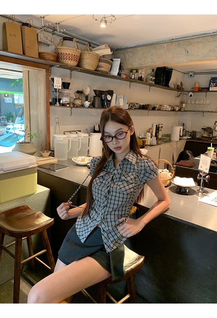 원본 순면 원단 여름 새로운 반팔 긍정적 인 어깨 격자 무늬 셔츠 작은 키 레트로 몸매 가꾸기 맨위 상세 이미지 17