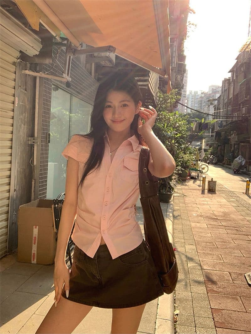 원본 순면 원단 여름 새로운 반팔 긍정적 인 어깨 격자 무늬 셔츠 작은 키 레트로 몸매 가꾸기 맨위 상세 이미지 23