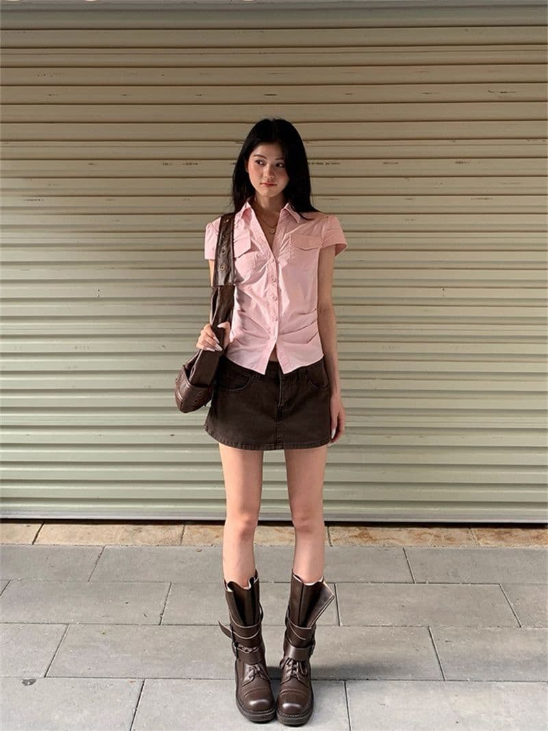 원본 순면 원단 여름 새로운 반팔 긍정적 인 어깨 격자 무늬 셔츠 작은 키 레트로 몸매 가꾸기 맨위 상세 이미지 28