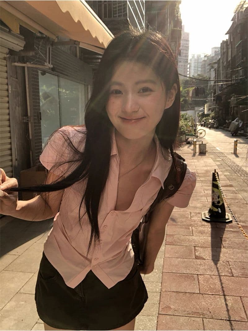 원본 순면 원단 여름 새로운 반팔 긍정적 인 어깨 격자 무늬 셔츠 작은 키 레트로 몸매 가꾸기 맨위 상세 이미지 35