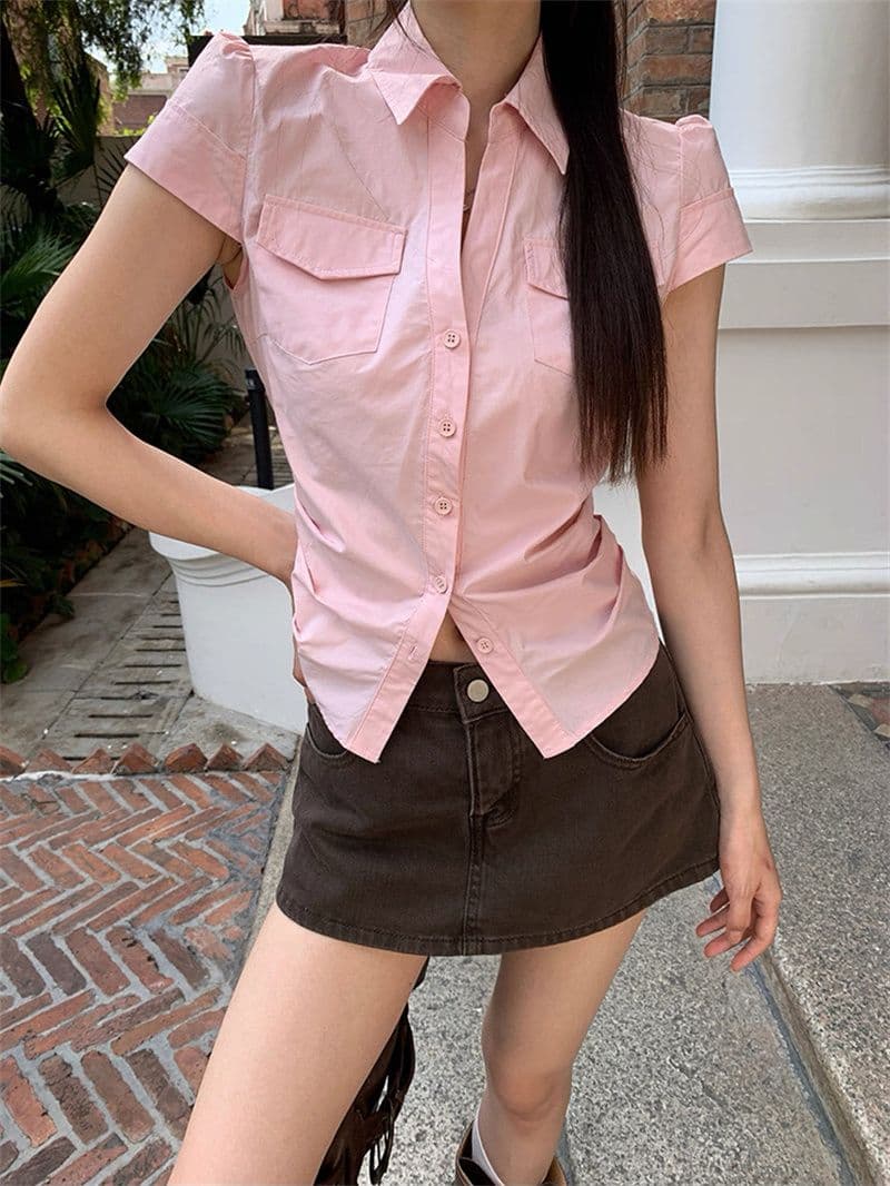 원본 순면 원단 여름 새로운 반팔 긍정적 인 어깨 격자 무늬 셔츠 작은 키 레트로 몸매 가꾸기 맨위 상세 이미지 37