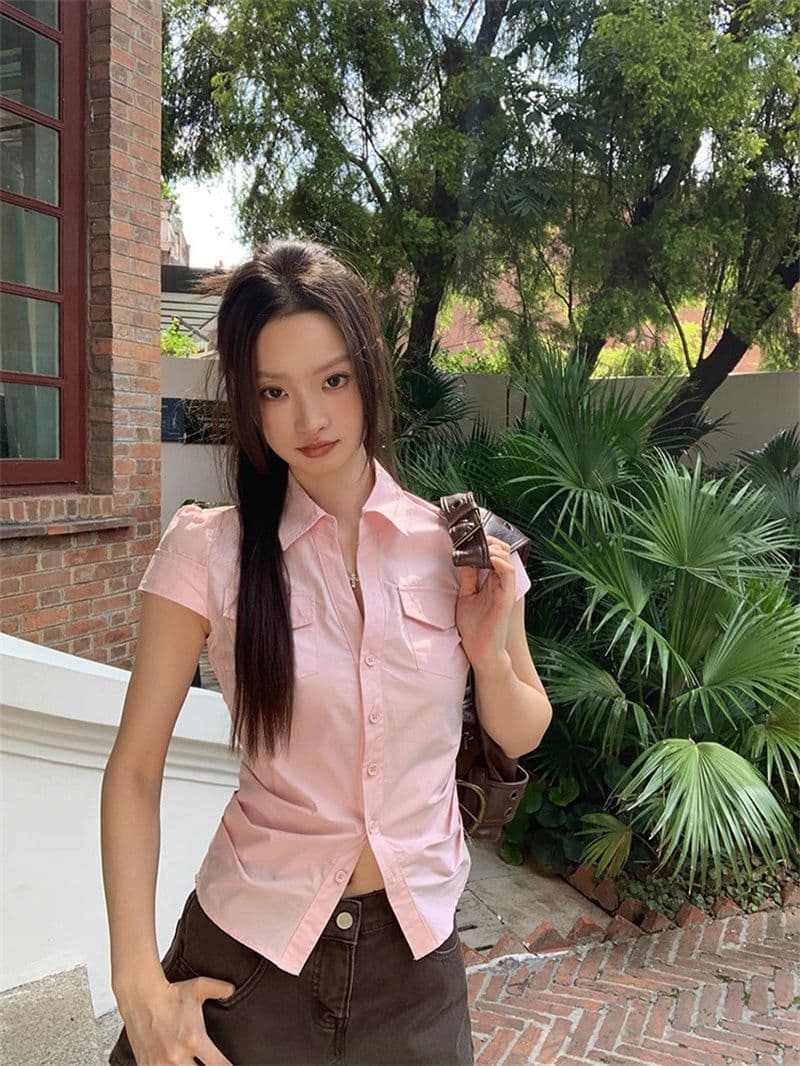 원본 순면 원단 여름 새로운 반팔 긍정적 인 어깨 격자 무늬 셔츠 작은 키 레트로 몸매 가꾸기 맨위 상세 이미지 38