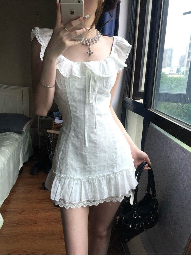 프랑스식 첫사랑 화이트 작은 날다 소매 여성 드레스 여름 2026 새로운 자이언트 잘 생긴 ~ 중 프릴 쇼트 스타일 짧은 치마 상세 이미지 2