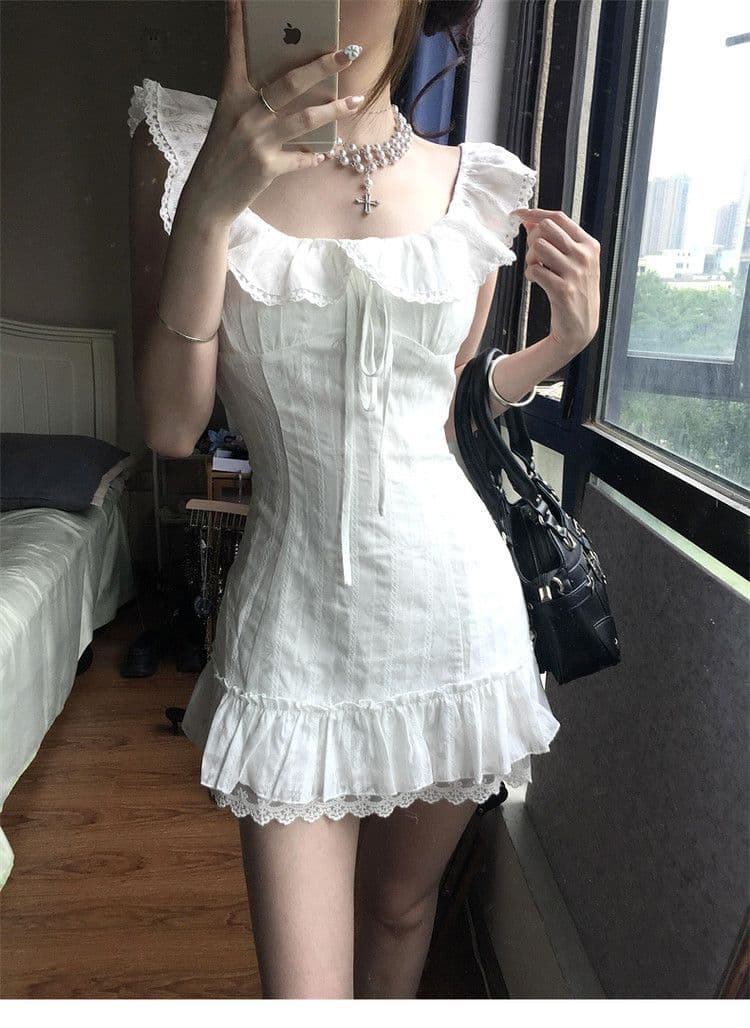 프랑스식 첫사랑 화이트 작은 날다 소매 여성 드레스 여름 2026 새로운 자이언트 잘 생긴 ~ 중 프릴 쇼트 스타일 짧은 치마 상세 이미지 3