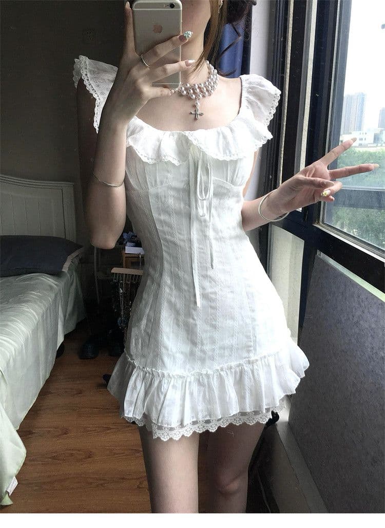 프랑스식 첫사랑 화이트 작은 날다 소매 여성 드레스 여름 2026 새로운 자이언트 잘 생긴 ~ 중 프릴 쇼트 스타일 짧은 치마 상세 이미지 4