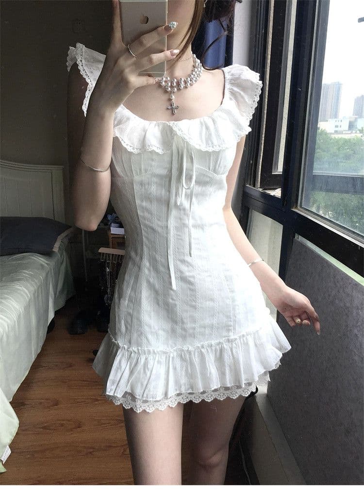 프랑스식 첫사랑 화이트 작은 날다 소매 여성 드레스 여름 2026 새로운 자이언트 잘 생긴 ~ 중 프릴 쇼트 스타일 짧은 치마 상세 이미지 5