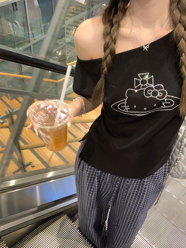 아메리칸 핫걸 검정색 만화 kitty 고양이 비스듬한 어깨 반팔 티셔츠 여성 여름 몸매 가꾸기 슬림해 보이는 쇼트 스타일 오프숄더 맨위 상세 이미지 9