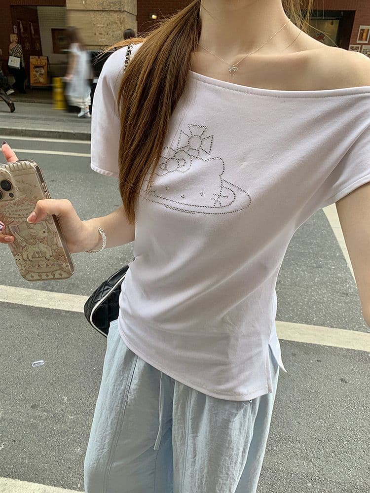 아메리칸 핫걸 검정색 만화 kitty 고양이 비스듬한 어깨 반팔 티셔츠 여성 여름 몸매 가꾸기 슬림해 보이는 쇼트 스타일 오프숄더 맨위 상세 이미지 14