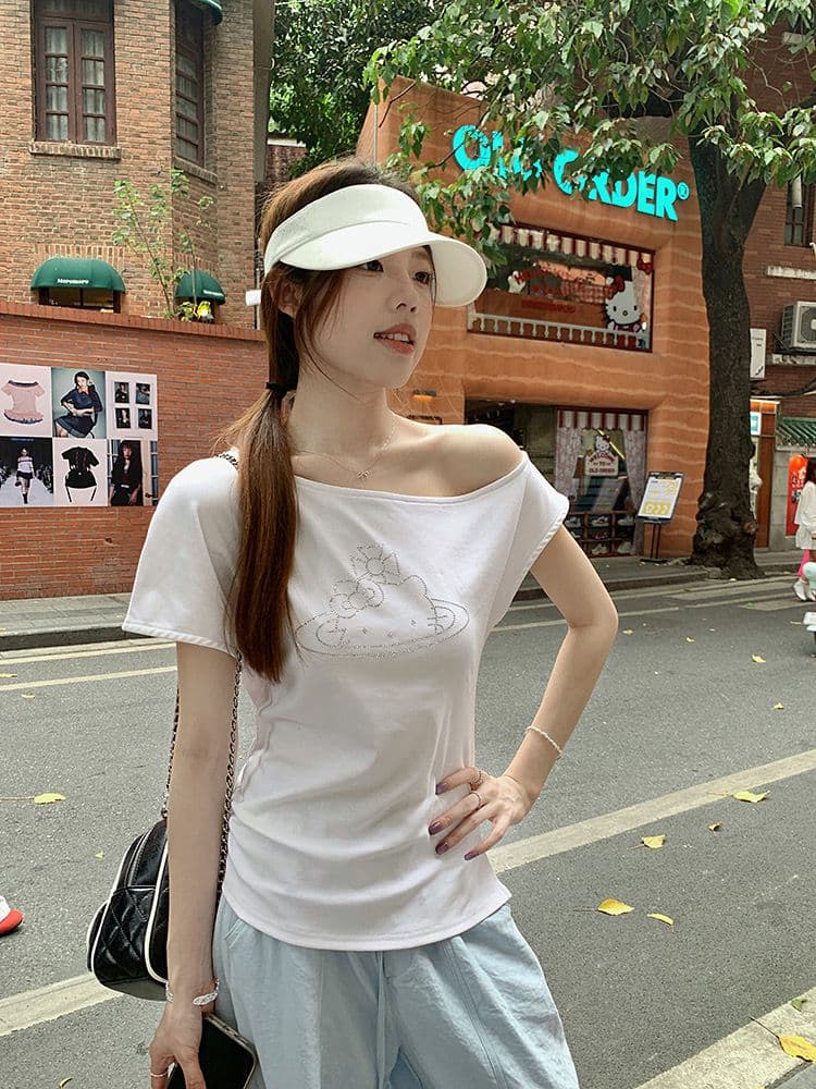 아메리칸 핫걸 검정색 만화 kitty 고양이 비스듬한 어깨 반팔 티셔츠 여성 여름 몸매 가꾸기 슬림해 보이는 쇼트 스타일 오프숄더 맨위 상세 이미지 15