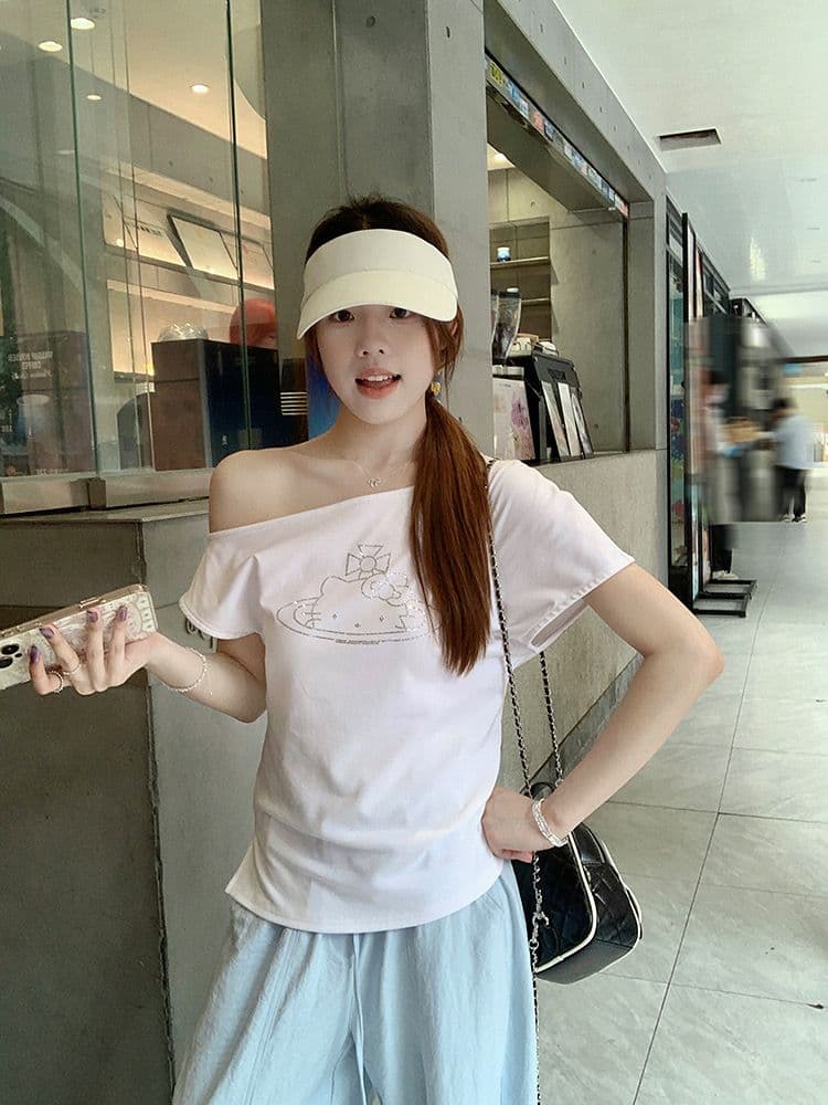 아메리칸 핫걸 검정색 만화 kitty 고양이 비스듬한 어깨 반팔 티셔츠 여성 여름 몸매 가꾸기 슬림해 보이는 쇼트 스타일 오프숄더 맨위 상세 이미지 16