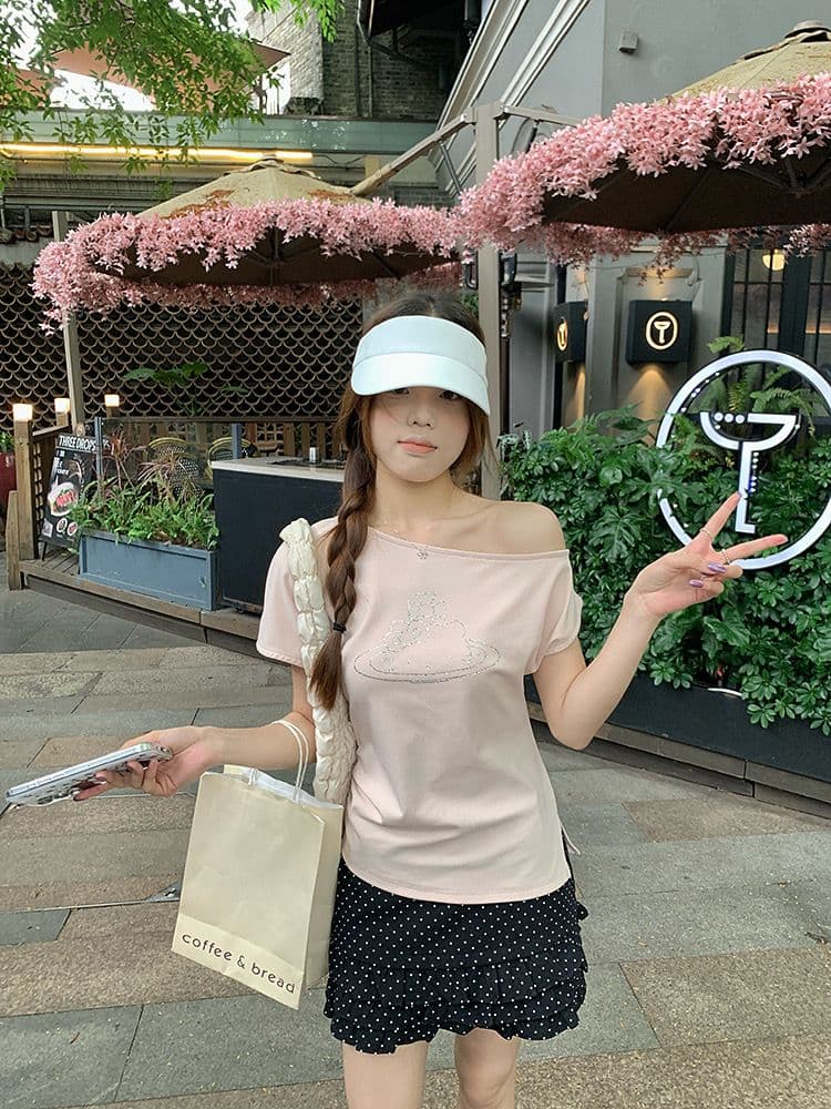 아메리칸 핫걸 검정색 만화 kitty 고양이 비스듬한 어깨 반팔 티셔츠 여성 여름 몸매 가꾸기 슬림해 보이는 쇼트 스타일 오프숄더 맨위 상세 이미지 18