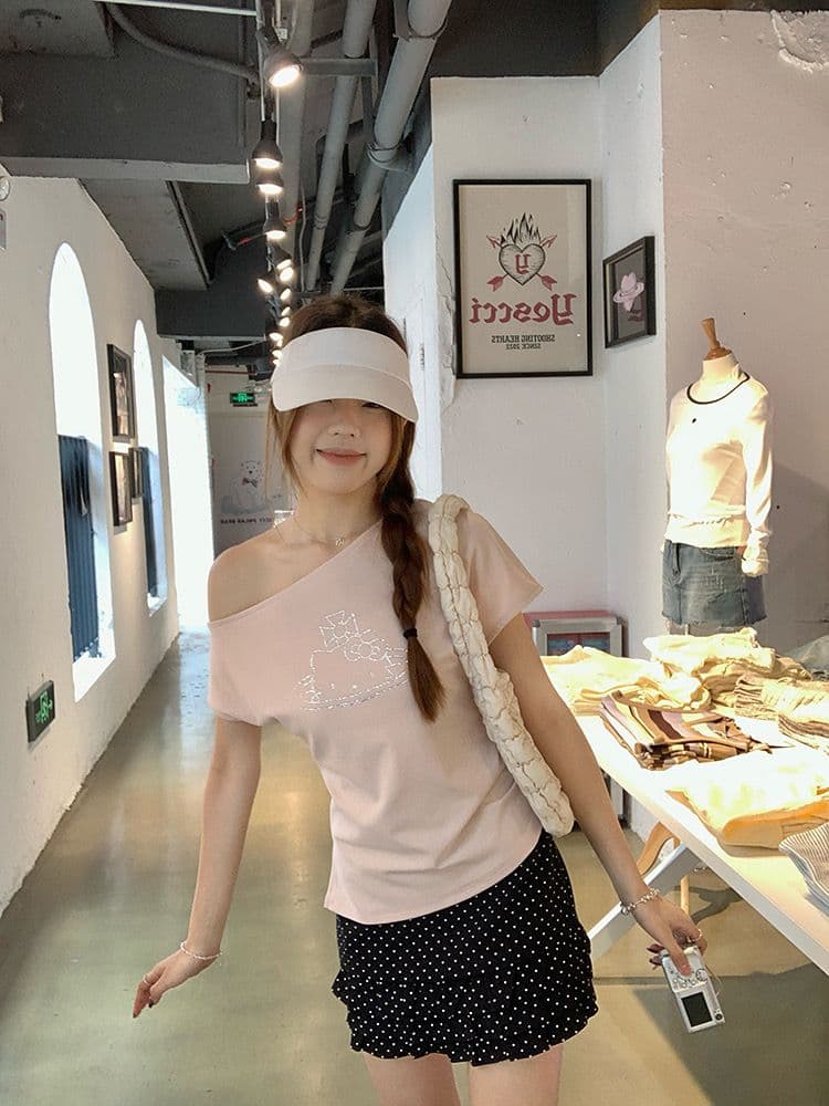 아메리칸 핫걸 검정색 만화 kitty 고양이 비스듬한 어깨 반팔 티셔츠 여성 여름 몸매 가꾸기 슬림해 보이는 쇼트 스타일 오프숄더 맨위 상세 이미지 20