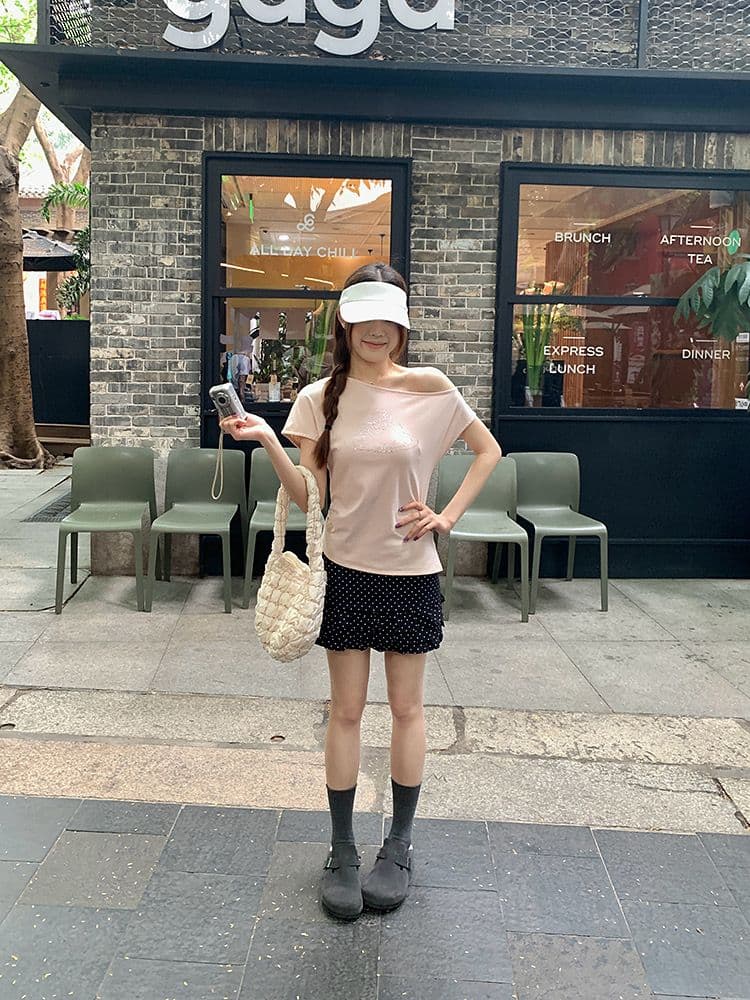 아메리칸 핫걸 검정색 만화 kitty 고양이 비스듬한 어깨 반팔 티셔츠 여성 여름 몸매 가꾸기 슬림해 보이는 쇼트 스타일 오프숄더 맨위 상세 이미지 21