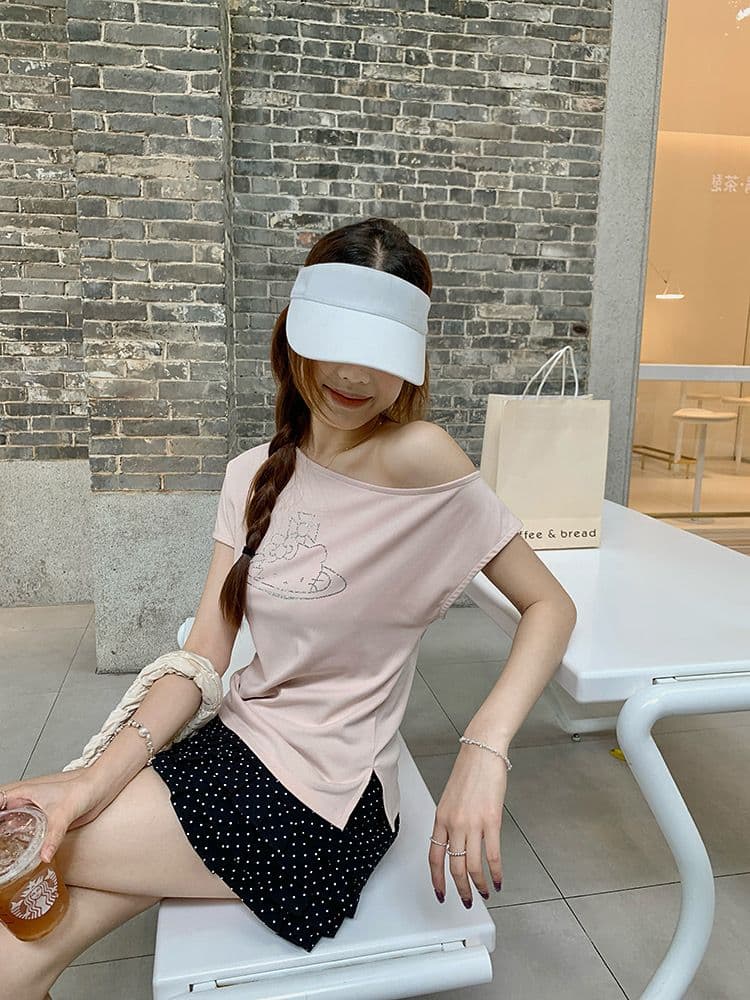 아메리칸 핫걸 검정색 만화 kitty 고양이 비스듬한 어깨 반팔 티셔츠 여성 여름 몸매 가꾸기 슬림해 보이는 쇼트 스타일 오프숄더 맨위 상세 이미지 22