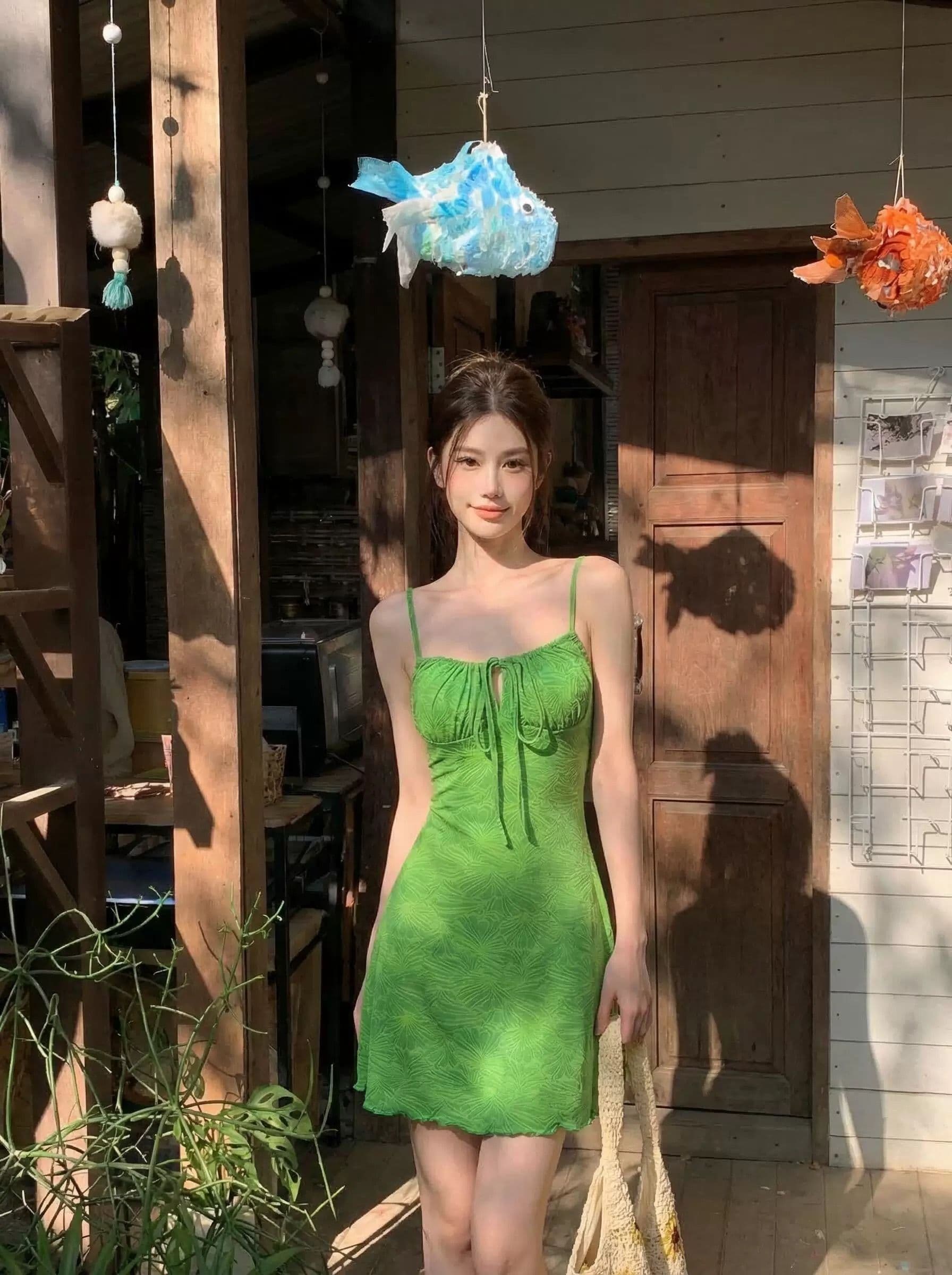 원본 원단 어깨끈 수 있습니다. 조정 레트로 휴가 슬립 여성 드레스 여름 녹색 한 마디 미니 스커트 상세 이미지 3