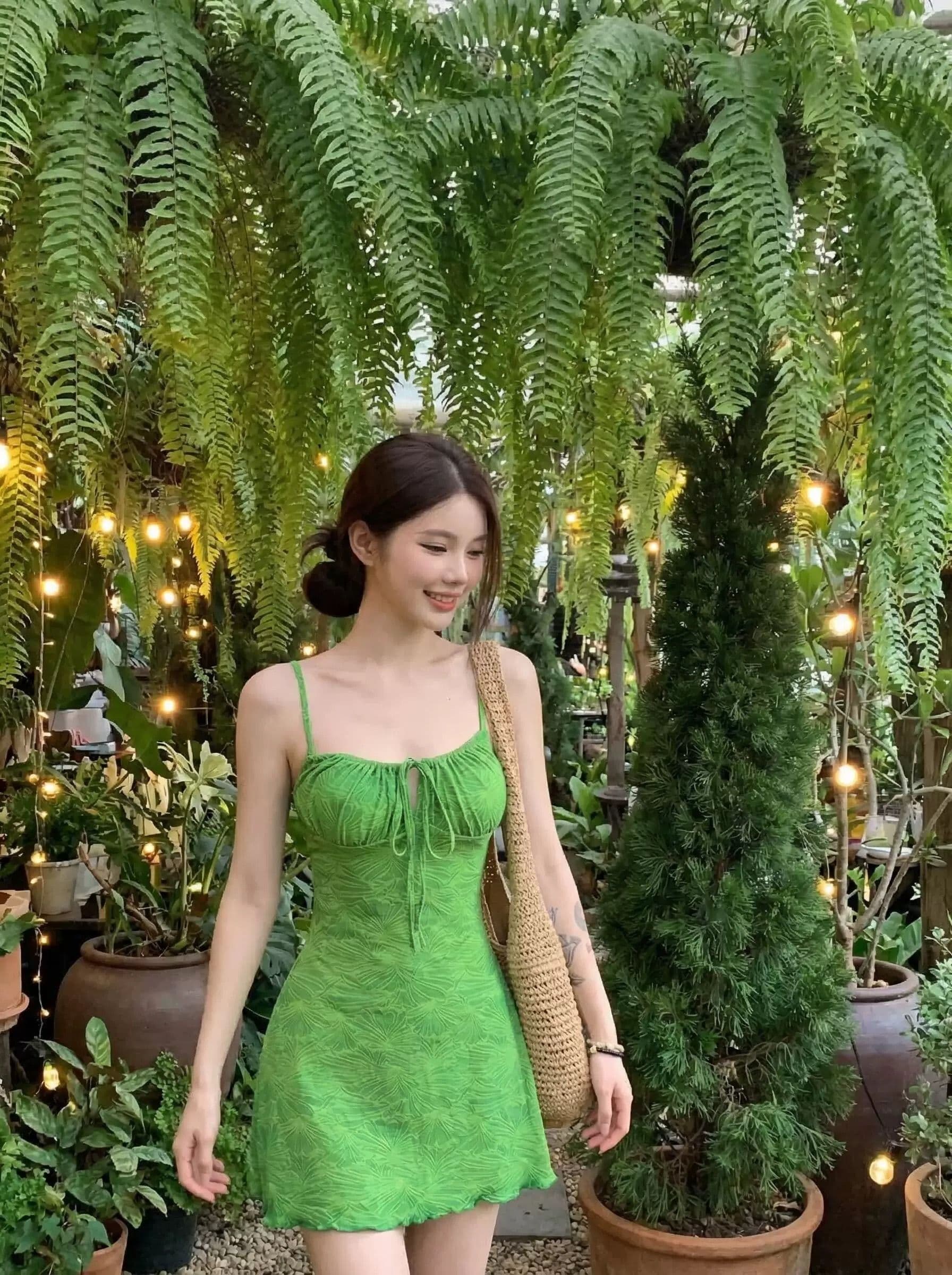 원본 원단 어깨끈 수 있습니다. 조정 레트로 휴가 슬립 여성 드레스 여름 녹색 한 마디 미니 스커트 상세 이미지 4