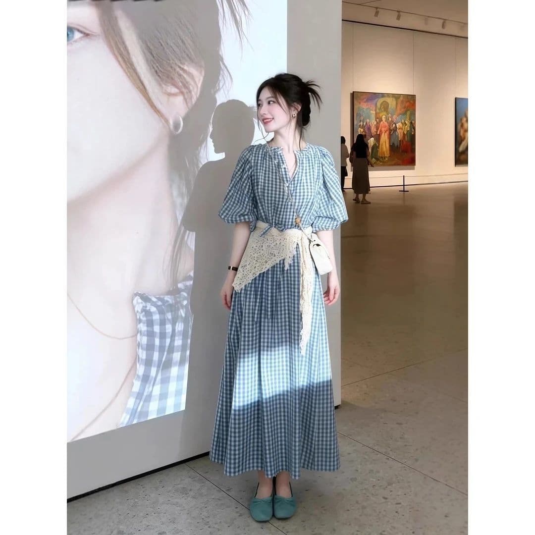 8099# 파란색 체크무늬 드레스 길다 치마 품격 패션 프랑스식 체크무늬 레트로 허리 수축 이미지 5