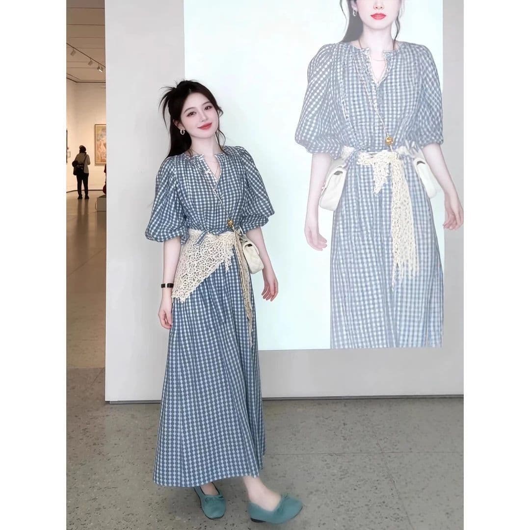 8099# 파란색 체크무늬 드레스 길다 치마 품격 패션 프랑스식 체크무늬 레트로 허리 수축