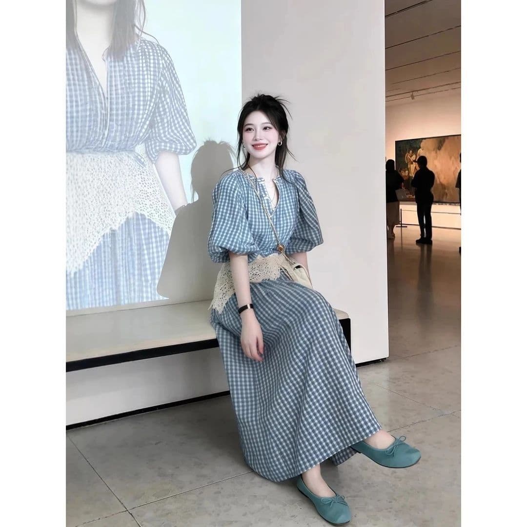 8099# 파란색 체크무늬 드레스 길다 치마 품격 패션 프랑스식 체크무늬 레트로 허리 수축 이미지 4