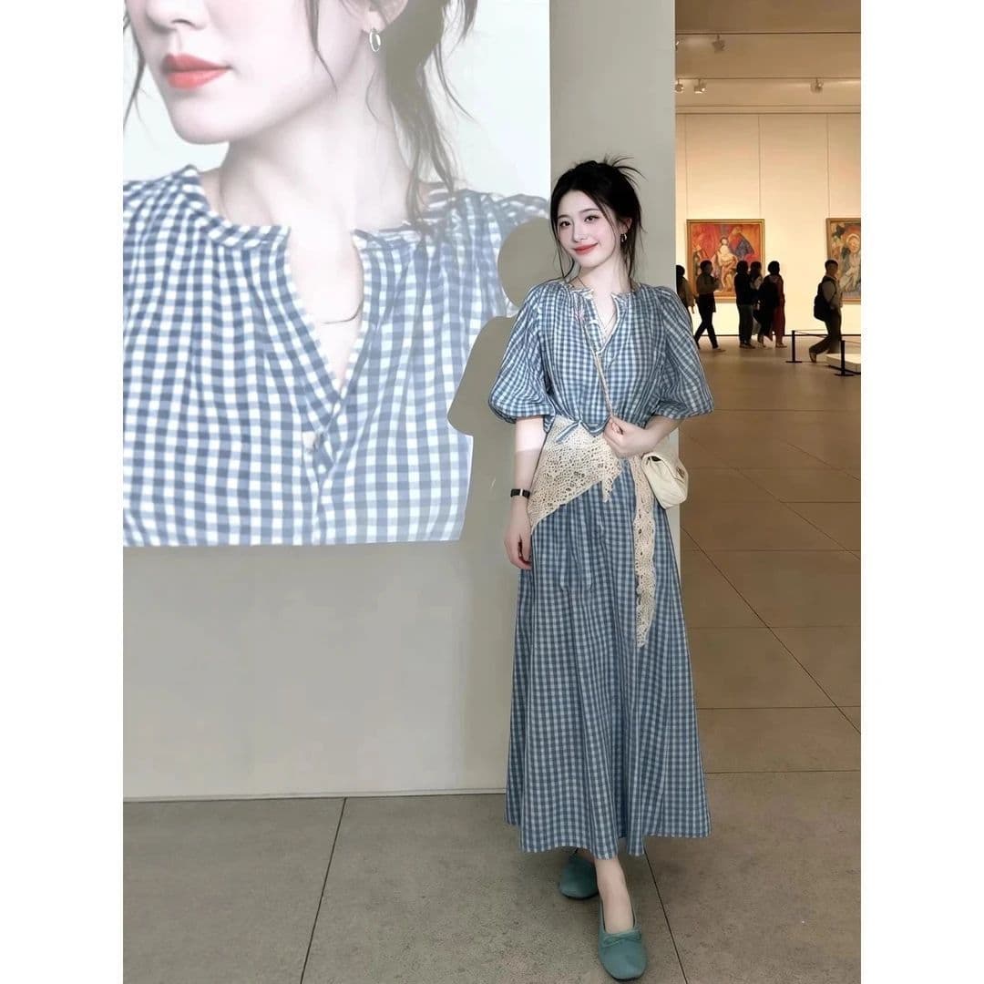 8099# 파란색 체크무늬 드레스 길다 치마 품격 패션 프랑스식 체크무늬 레트로 허리 수축 상세 이미지 3