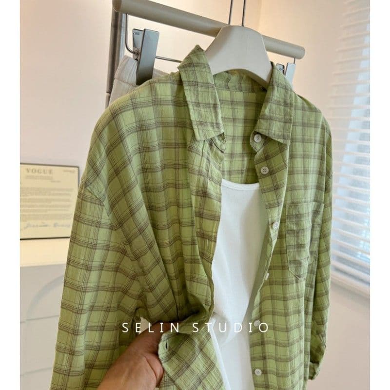 겨자 녹색 체크무늬 긴팔 여성 셔츠 스택 착용 루즈핏 편안함 얇은 스타일 느긋한 바람 패션 맨위 상세 이미지 2
