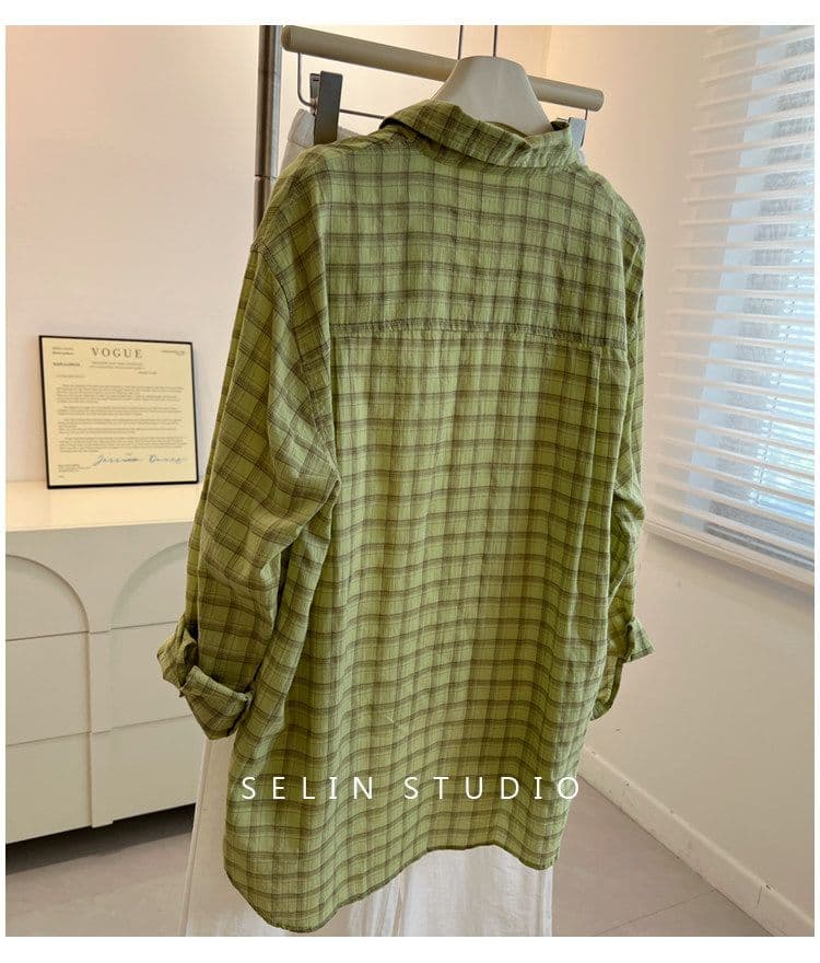 겨자 녹색 체크무늬 긴팔 여성 셔츠 스택 착용 루즈핏 편안함 얇은 스타일 느긋한 바람 패션 맨위 상세 이미지 9
